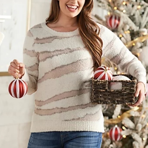 Barefoot Dreams CozyChic Seaside Crew-Neck Pullover Sweater Large Ivory Zebra - Picture 1 of 8